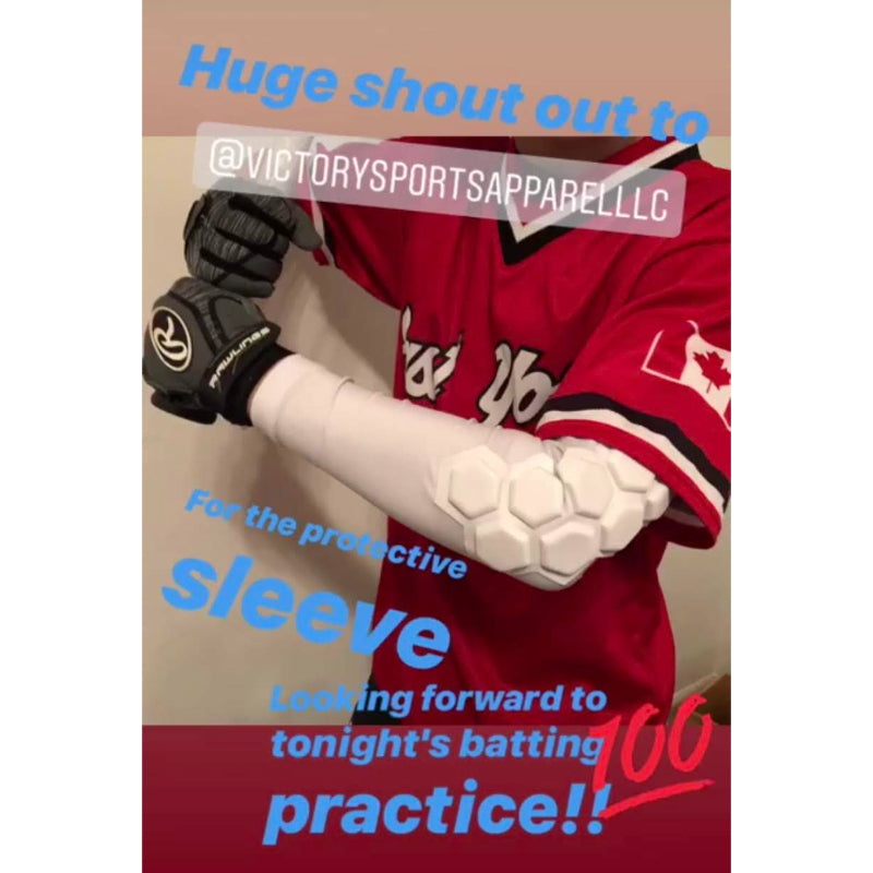 Youth baseball player wearing elbow sleeve instagram post
