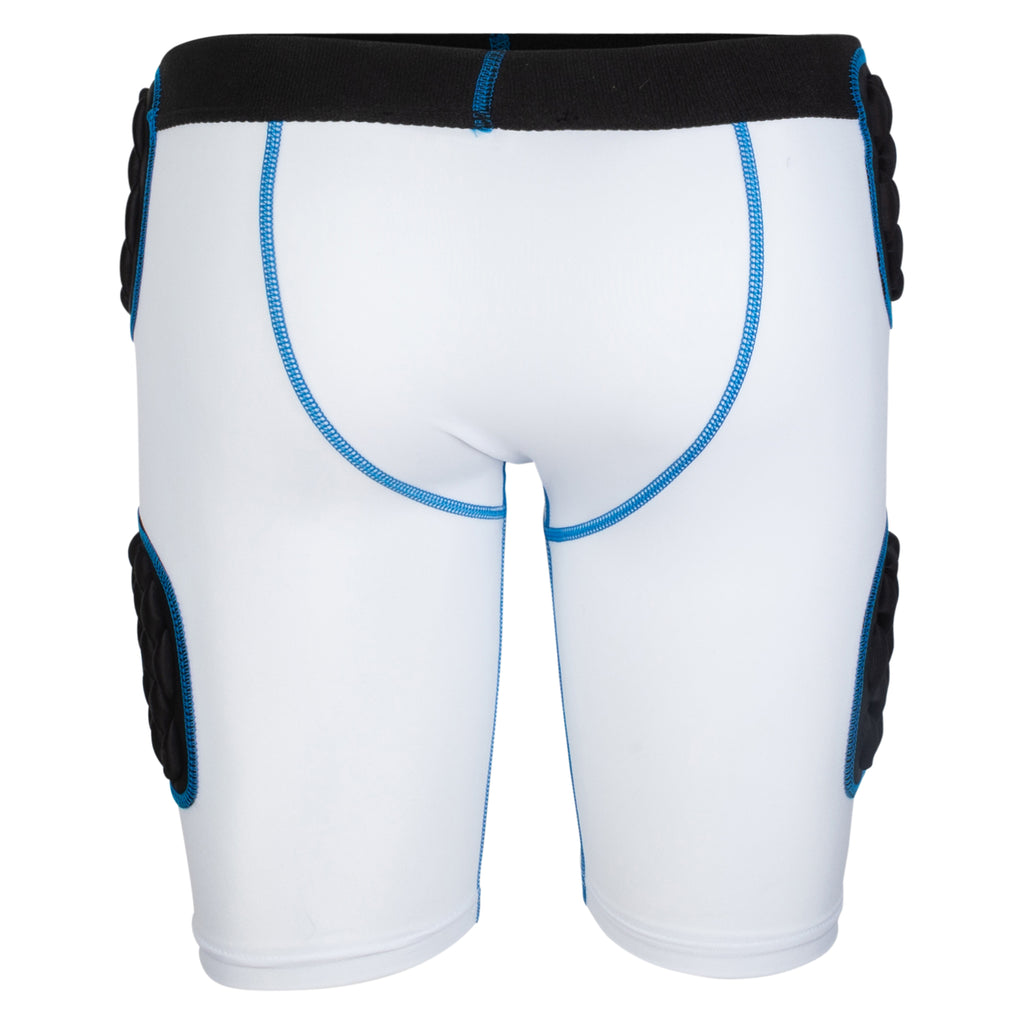 Youth baseball sliding shorts with hip padding, back front view in white