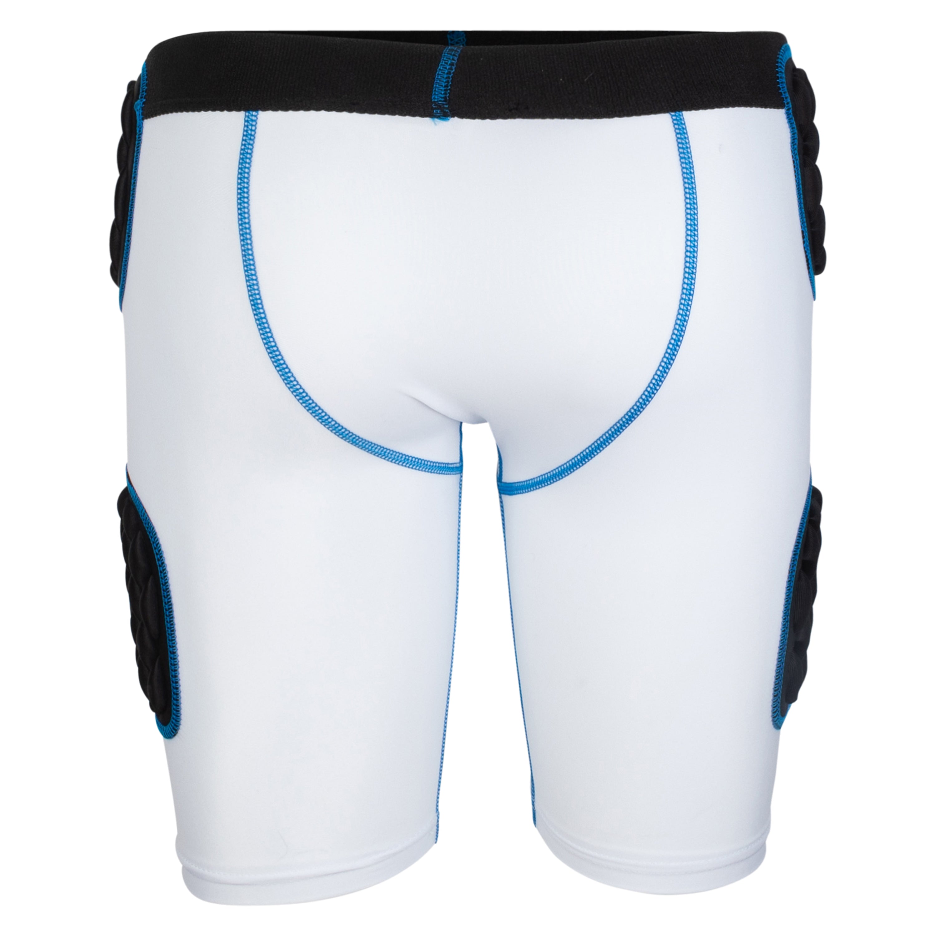 Youth baseball sliding shorts with hip padding, back front view in white
