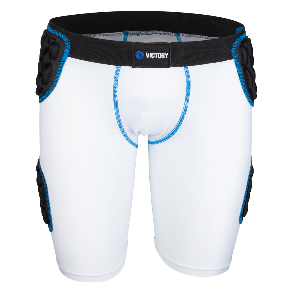 Youth baseball sliding shorts with hip padding, front view in white