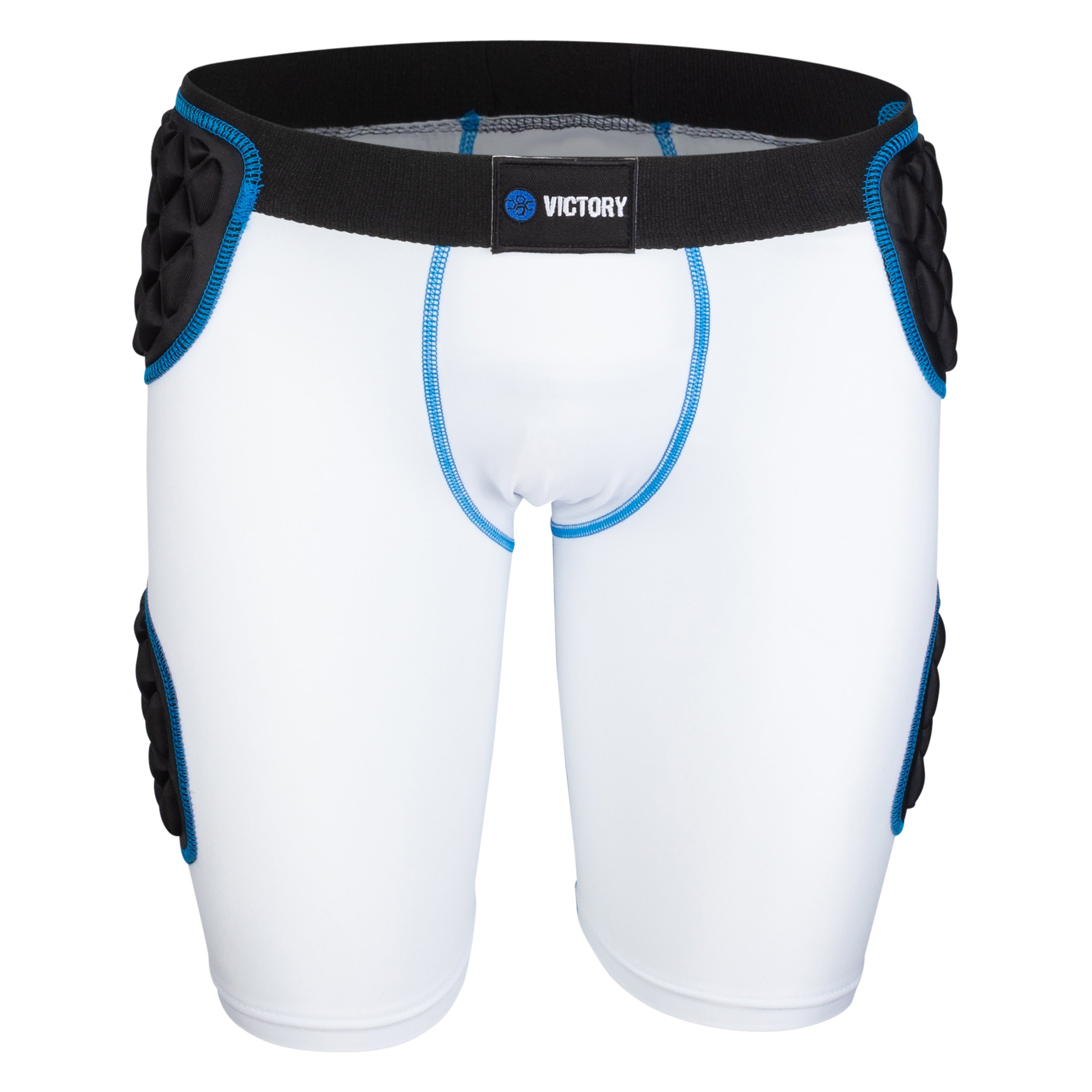 Youth baseball sliding shorts with hip padding, front view in white