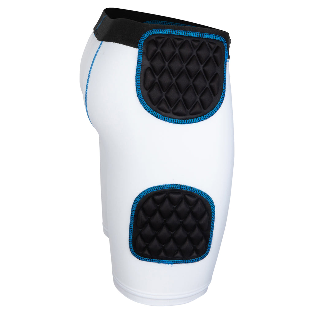 Youth baseball sliding shorts with hip padding, side view in white