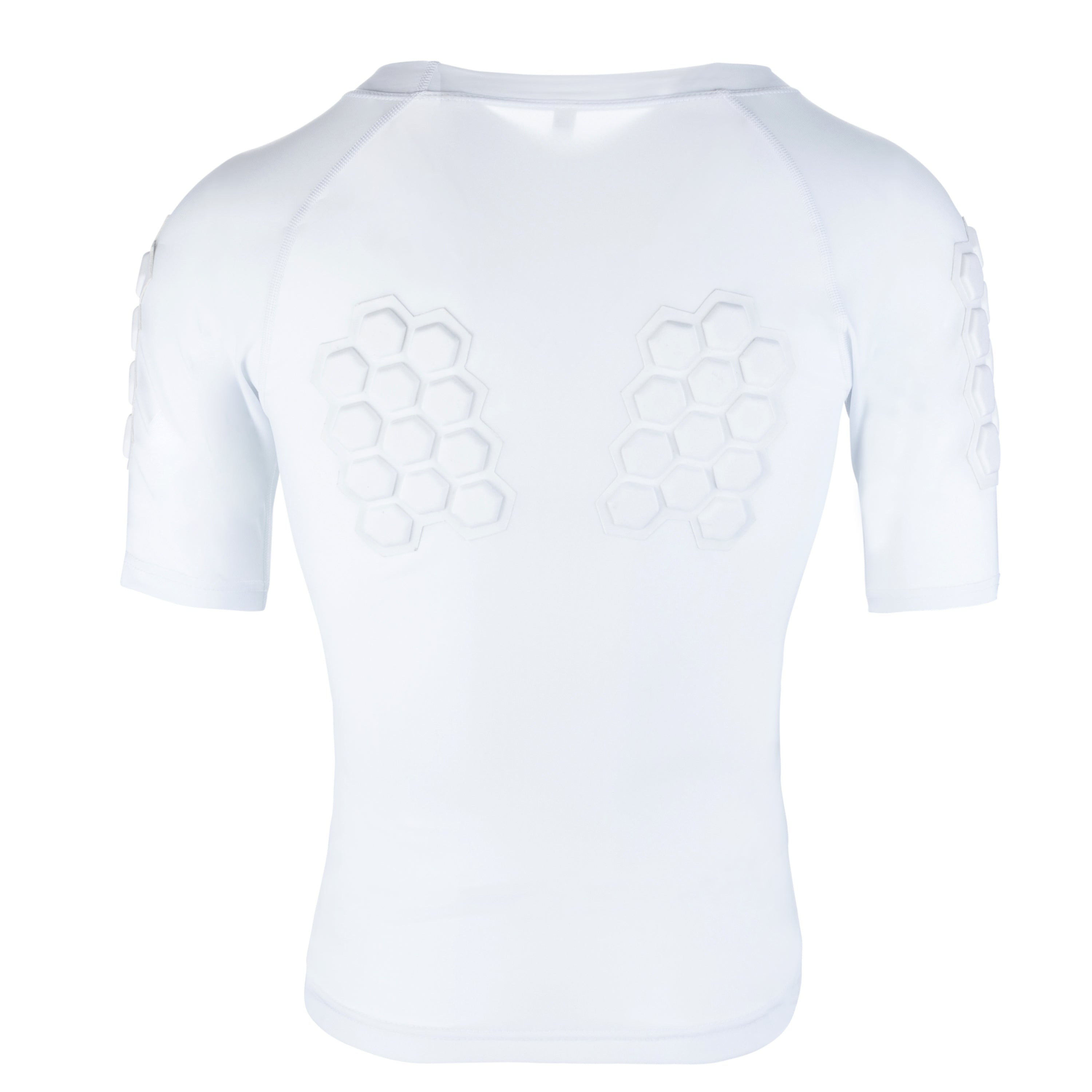 Youth padded compression shirt for baseball and softball, back view in white