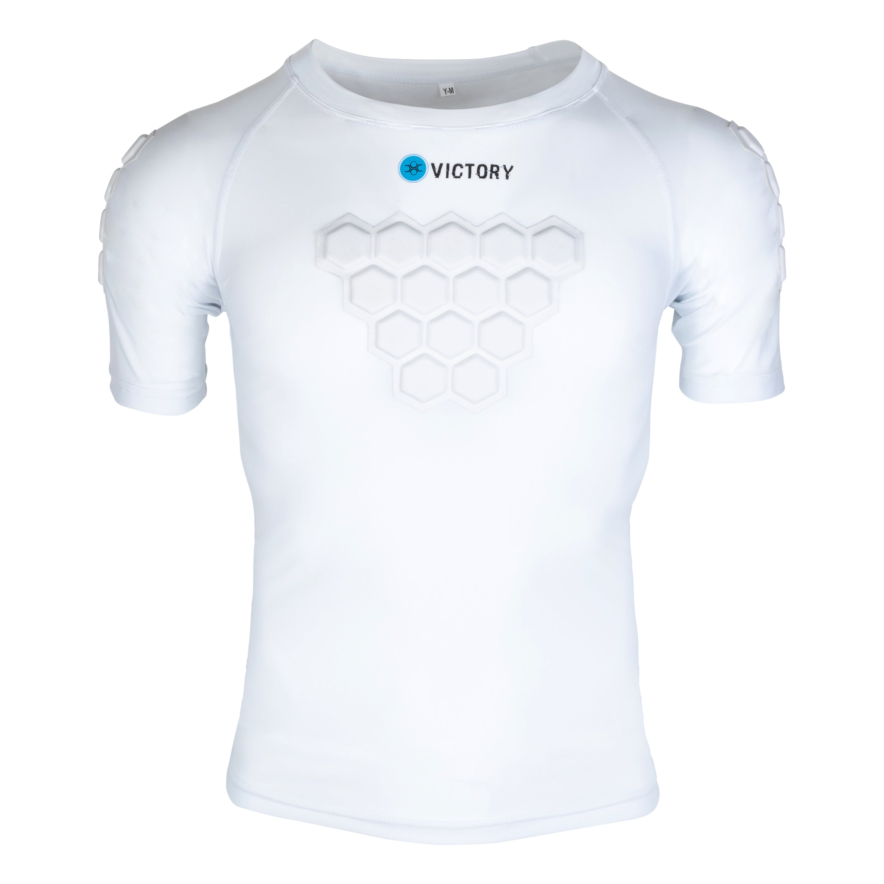 Youth padded compression shirt for baseball and softball, front view in white