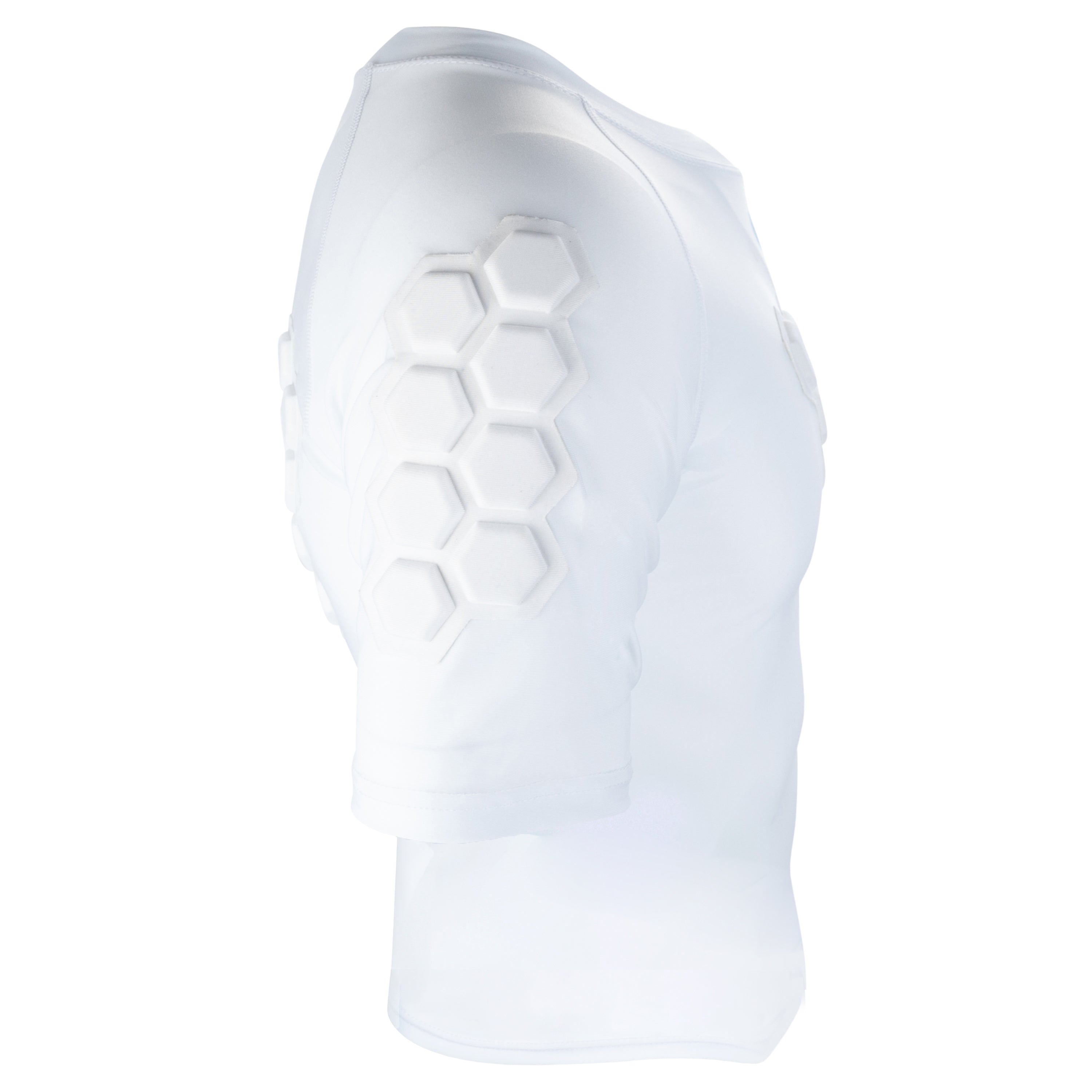 Youth padded compression shirt for baseball and softball, side view in white